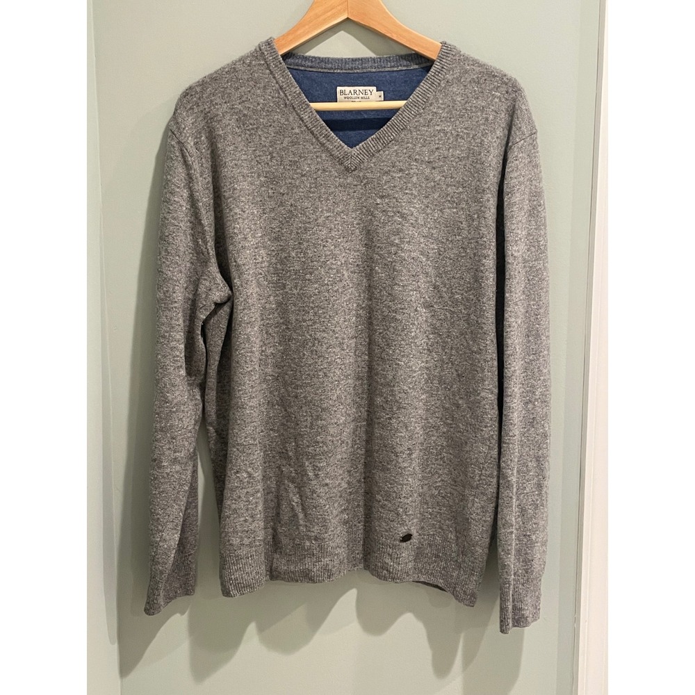 Blarney Woolen Mills Ireland Mens V Neck‎ Sweater Medium Grey Lambswool Blend